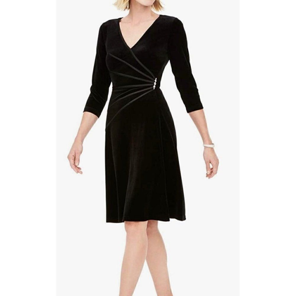 Connected Apparel Black 3/4 Sleeve Velvet Dress Size 12